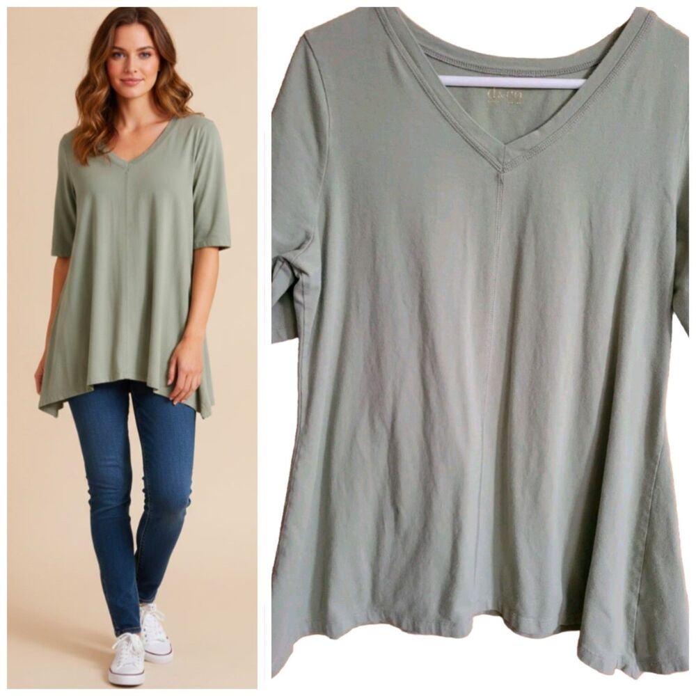 D & Co Womens Large T Shirt Olive Green Asymmetrical Casual Everyday Wear (QVC)